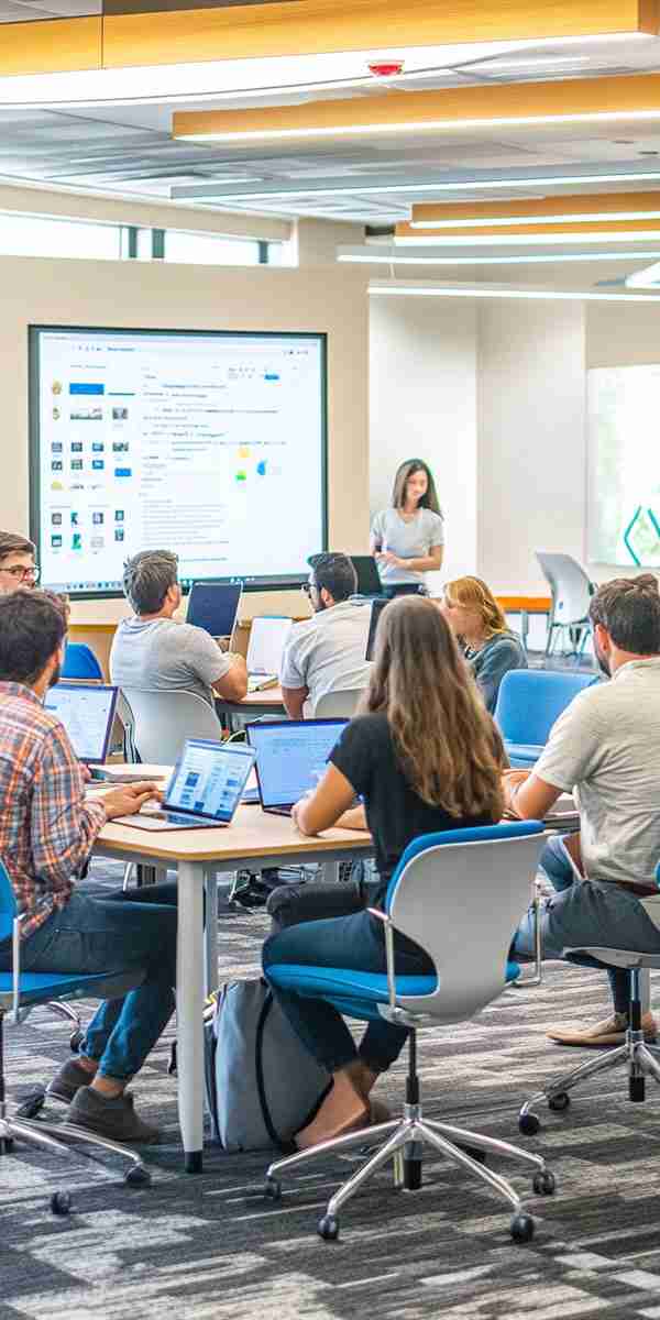 Group of professionals collaborating in a modern workspace, engaging in ongoing learning and mentorship to foster continuous growth and innovation.