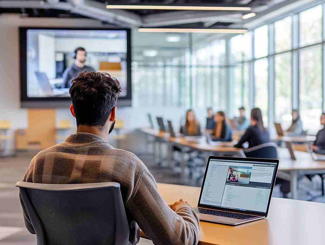 Participants in a hybrid training session, combining in-person learning with virtual instruction, showcasing flexible and immersive boot camp training.