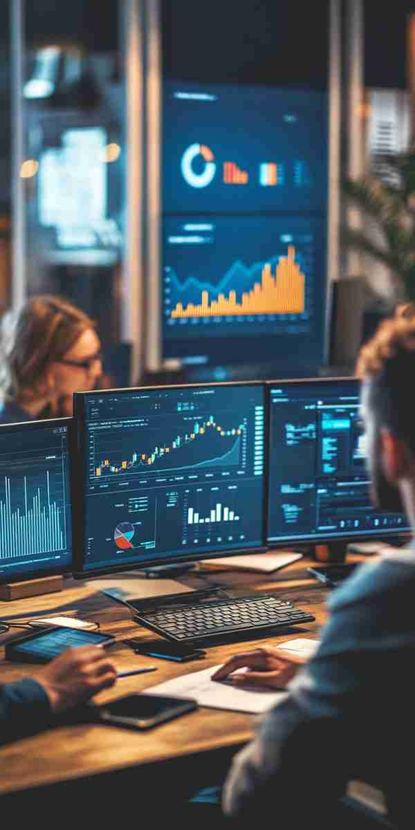 Employees analyzing data on monitors in a financial services setting, showcasing improved project efficiency and measurable ROI from reskilling in data analytics.