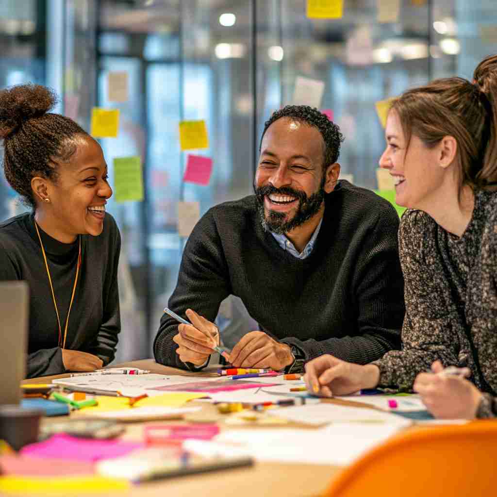 A diverse group collaborates in a modern workspace, reflecting LearnQuest's partnership with Apprenti to close tech talent gaps and promote diversity.