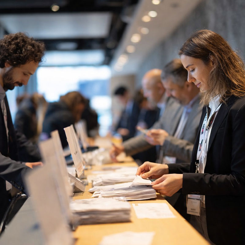 Conference staff managing registration desks and greeting attendees at a corporate event.