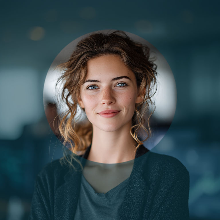 A smiling female cybersecurity specialist in a modern office with data monitors, representing hands-on learning with the EC-Council Learning Subscription
