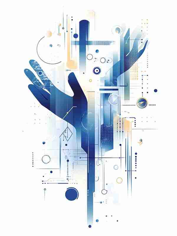 Abstract illustration of hands interacting with gears and tools, symbolizing hands-on learning and practical skills for workforce adaptability and growth.