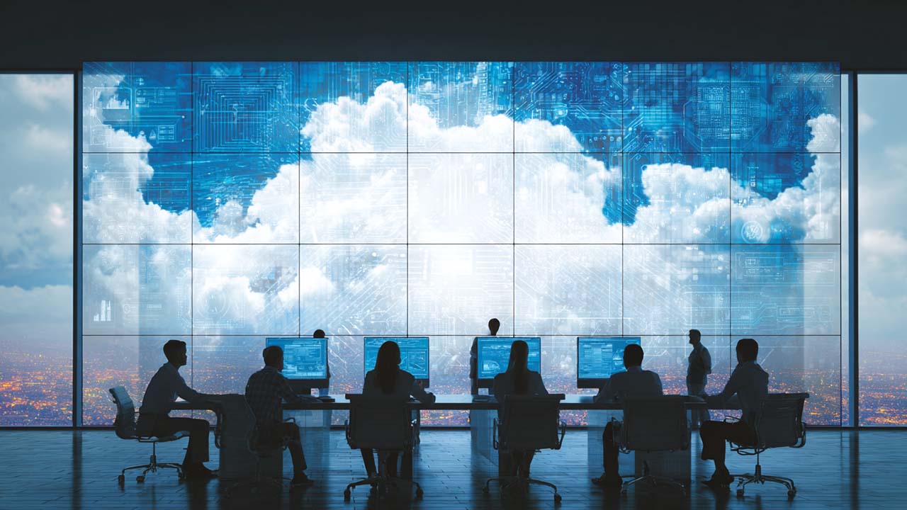 IBM training session with business professionals working at computer stations in front of a large digital cloud display in a modern office