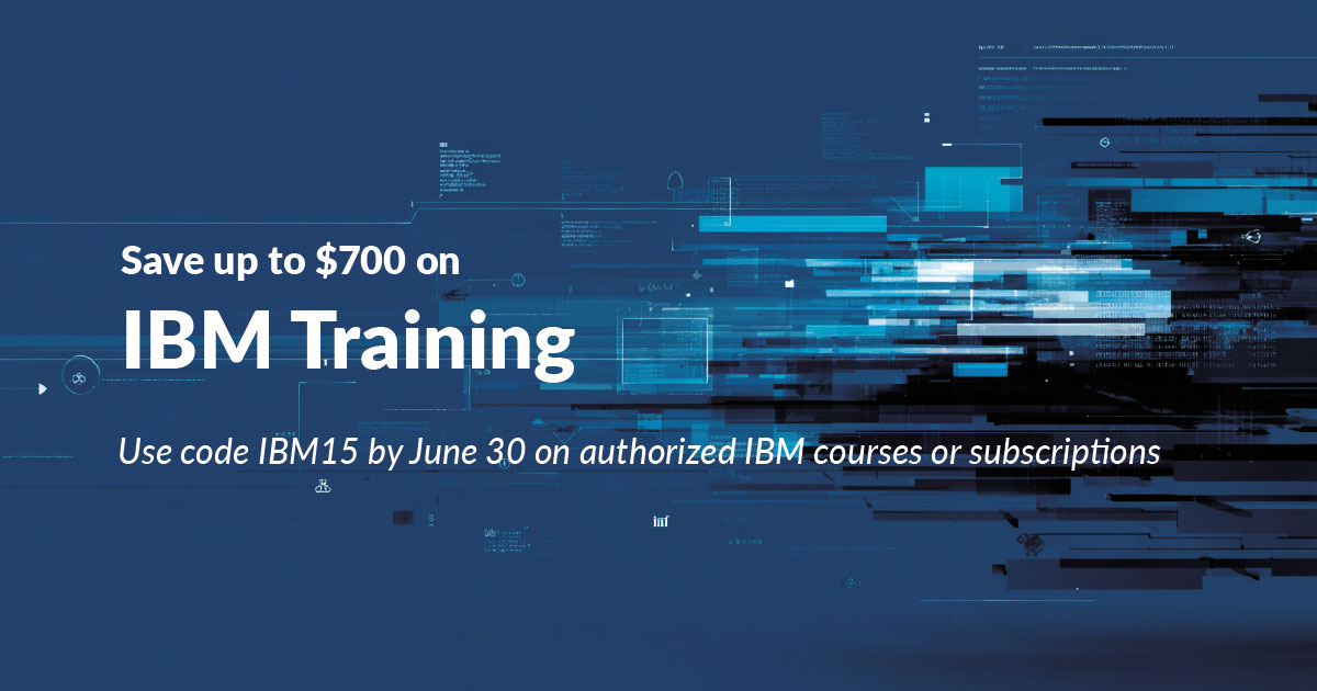 Digital banner with a tech-inspired blue background promoting IBM training