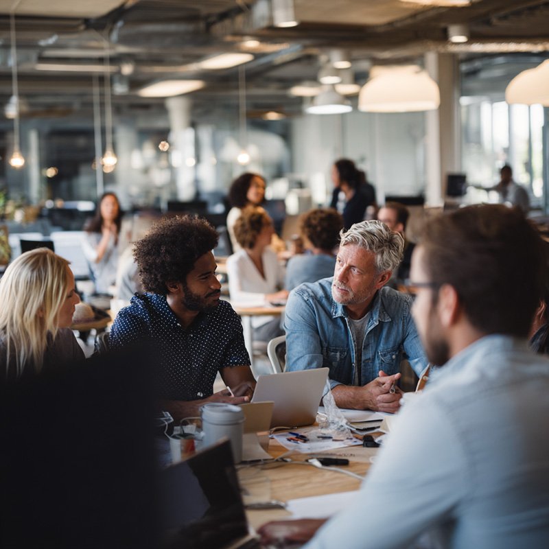 A diverse group of professionals collaborating in a corporate training setting, representing new hires, transitioning employees, and teams learning new skills.