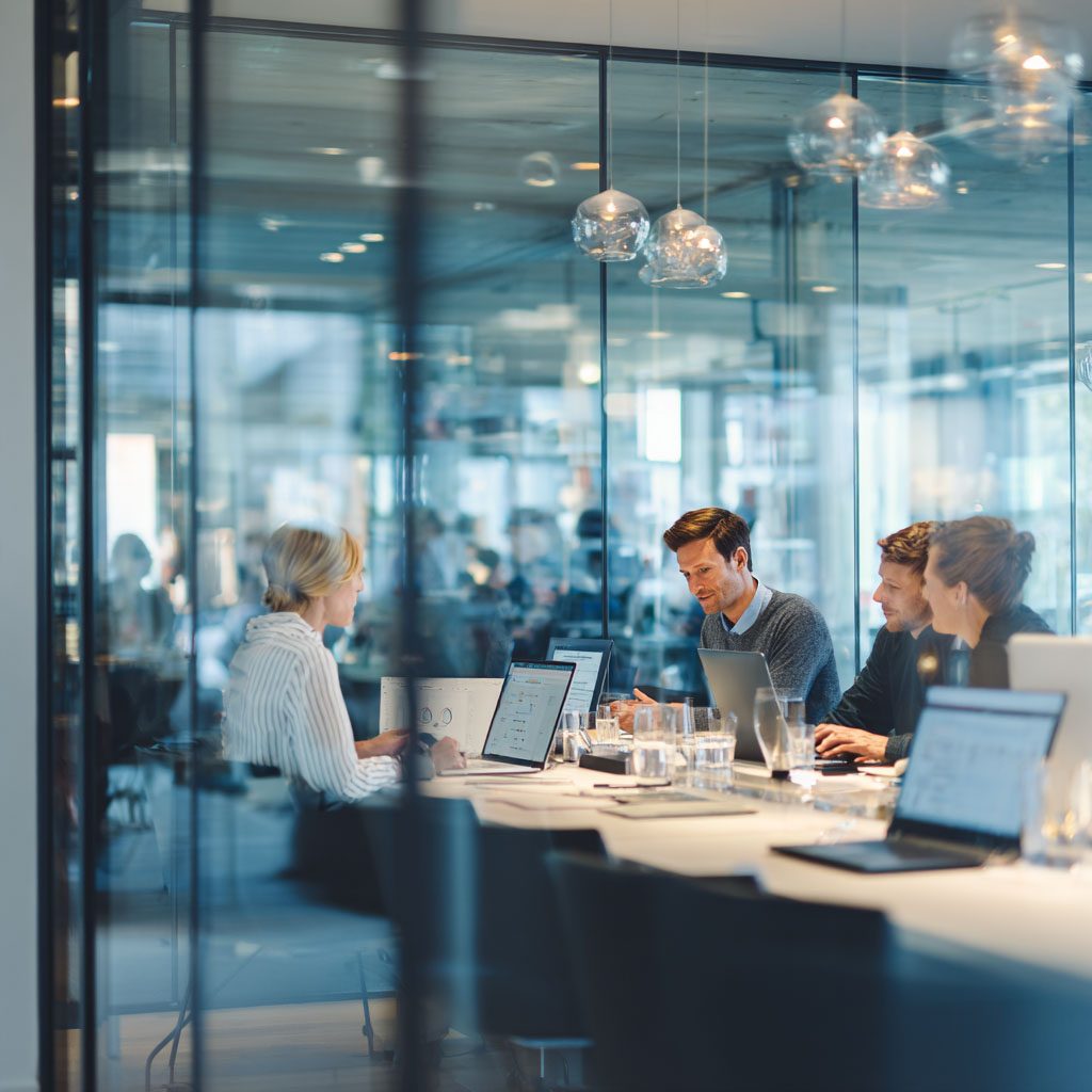 Diverse corporate team collaborating in a modern glass-walled office during a training workshop.