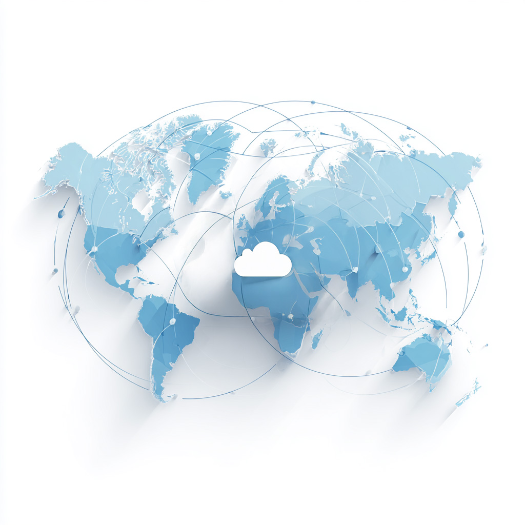 Infographic illustration of a world map with a cloud and connecting lines, symbolizing LearnQuest’s global cloud training delivery and enterprise reach