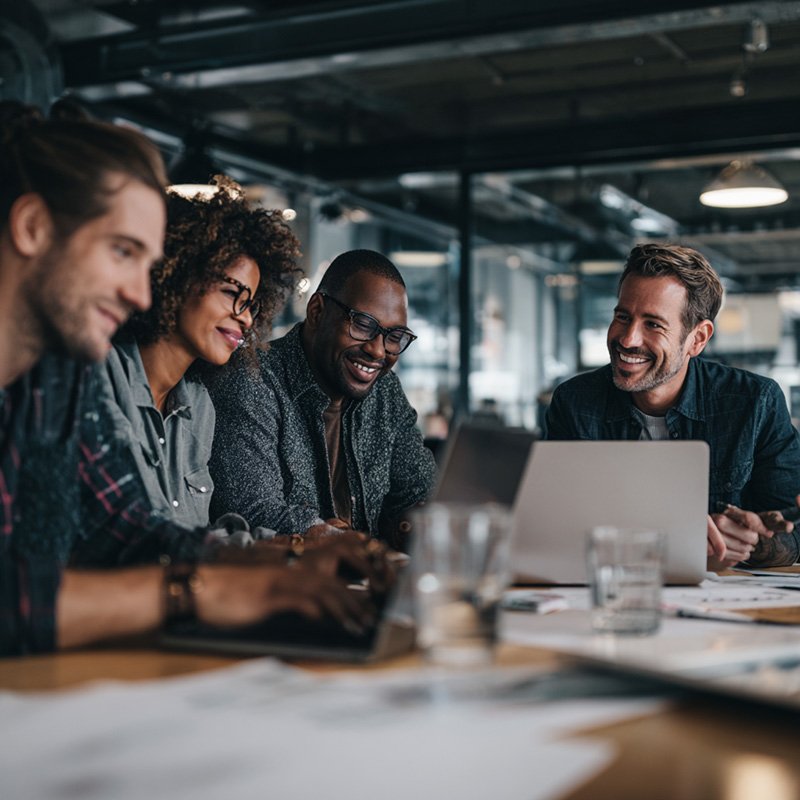 A professional team collaborating in a project review, representing real-world reskilling outcomes such as improved performance, career growth, and business impact.