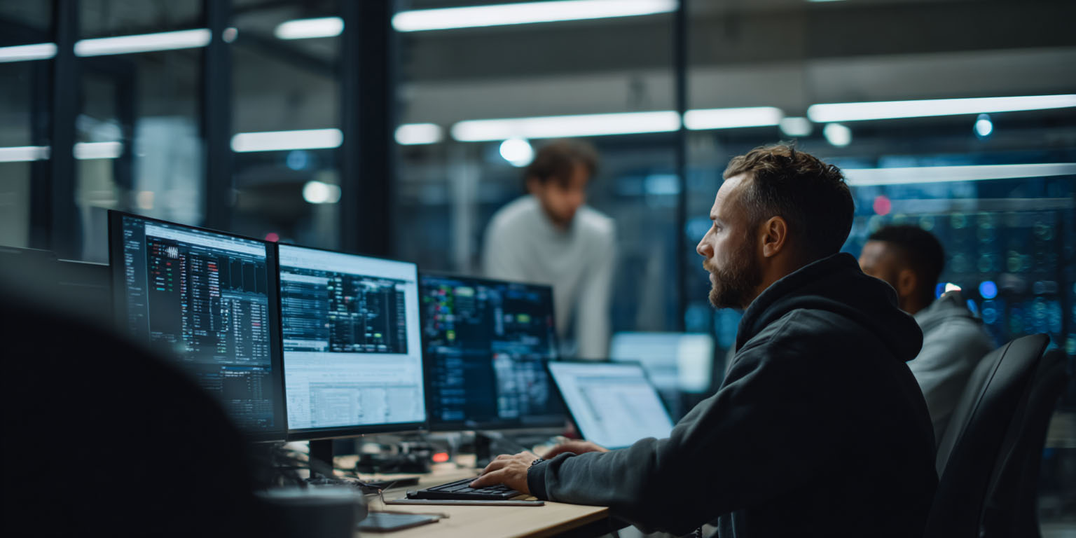 mainframe system operator bootcamp hero Professional in a modern training room working with mainframe system interfaces on multiple monitors, with space on the left for text overlay, representing hands-on system operator training.