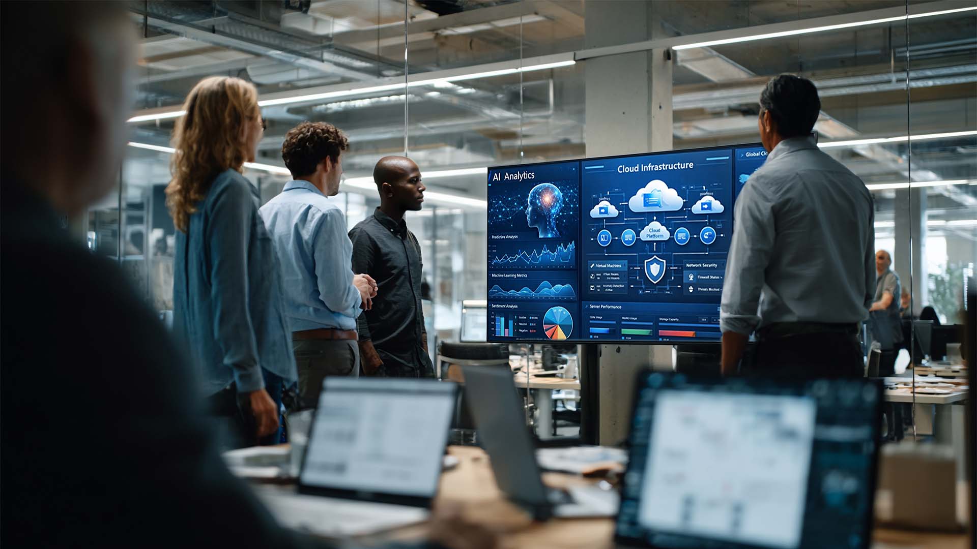 Enterprise team collaborating around AI and cloud dashboards in a modern workplace