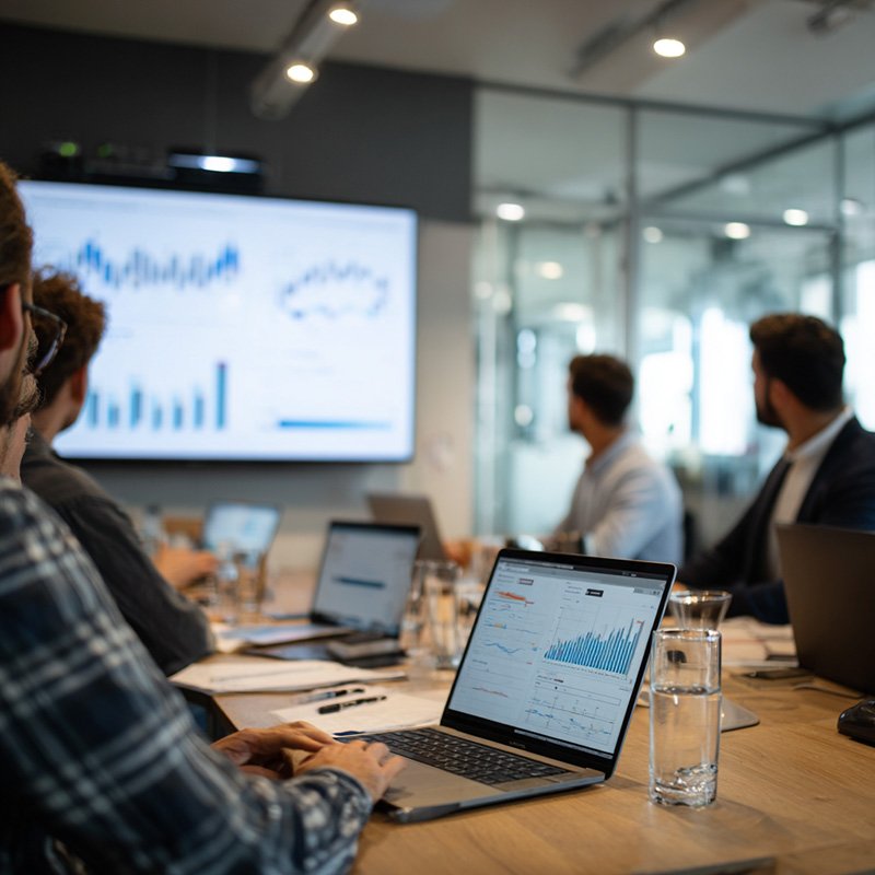 Event management team reviewing conference feedback and data to prepare a post-event report.