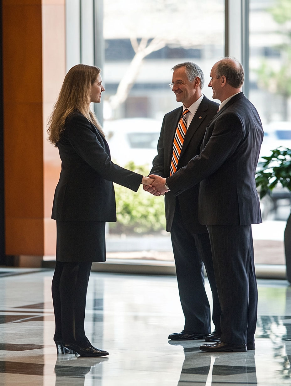 Business professionals shaking hands in a formal office lobby during a meeting or partnership discussion.