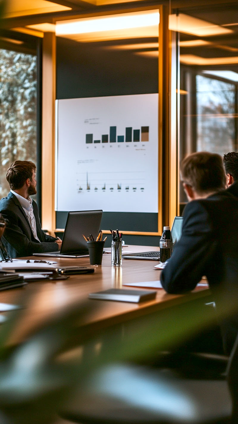 Professionals seated around a table, reviewing a bar chart on a screen during a business presentation in a modern office setting.