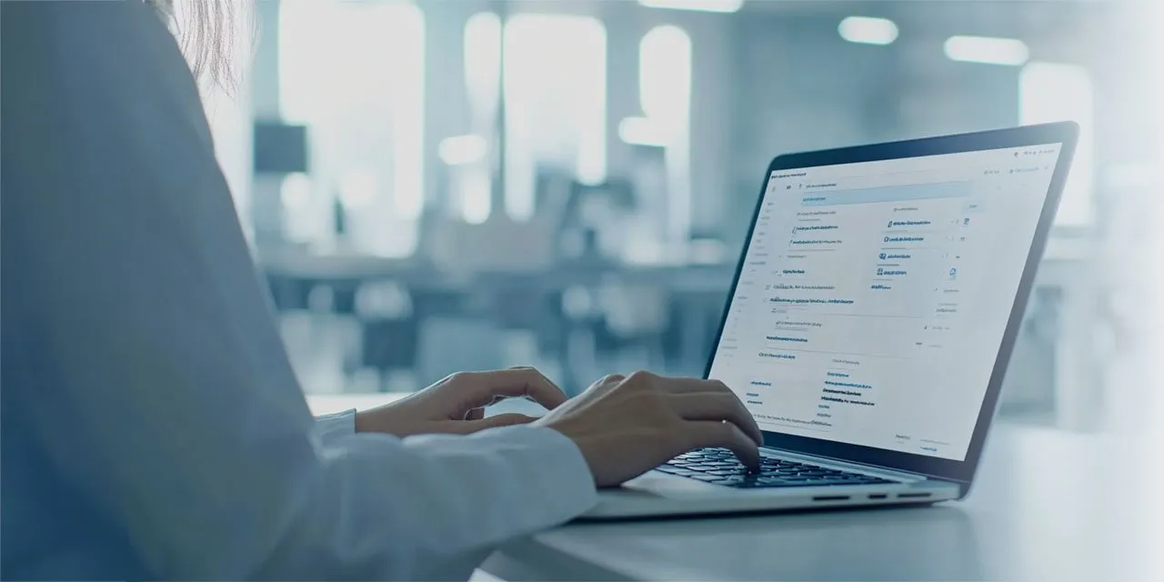 Business professional working on AI chat interface in a modern, bright office