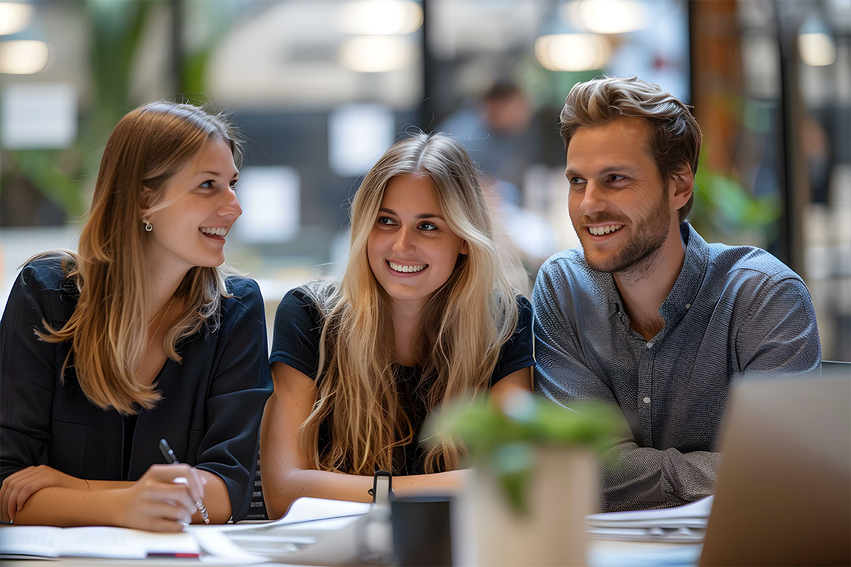 Diverse team of young professionals collaborating on a project at a sleek workspace, showcasing LearnQuest's innovative Learning Management Solutions through engaged teamwork and modern office design.