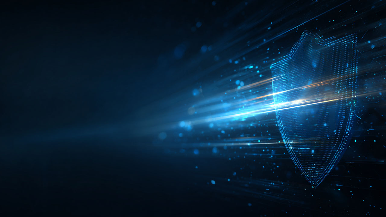 Abstract cybersecurity background, featuring glowing shield and data flow lines on the right, symbolizing digital security and resilience.