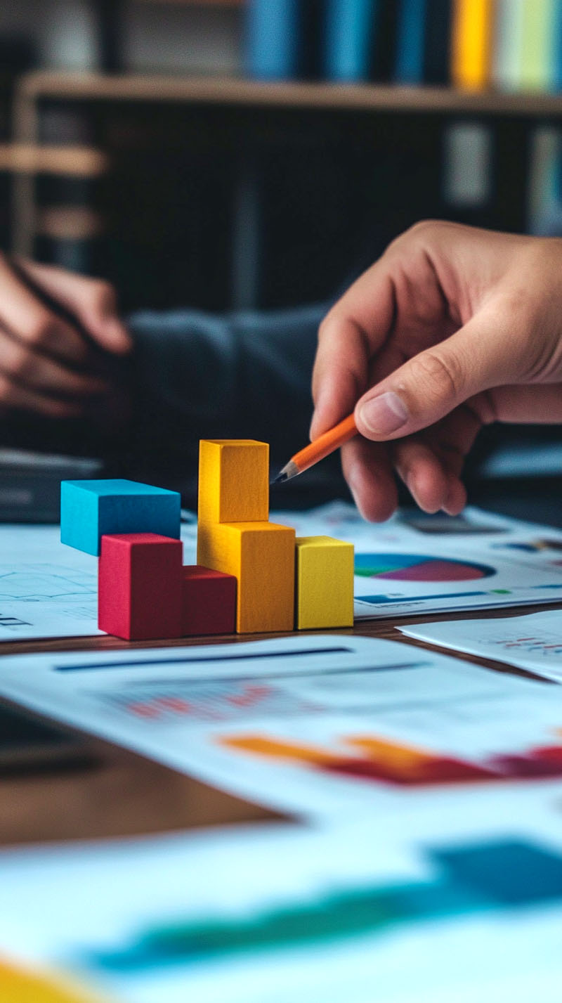 Hand using a pencil to point at colorful block charts on a table surrounded by data sheets during a collaborative analysis session.