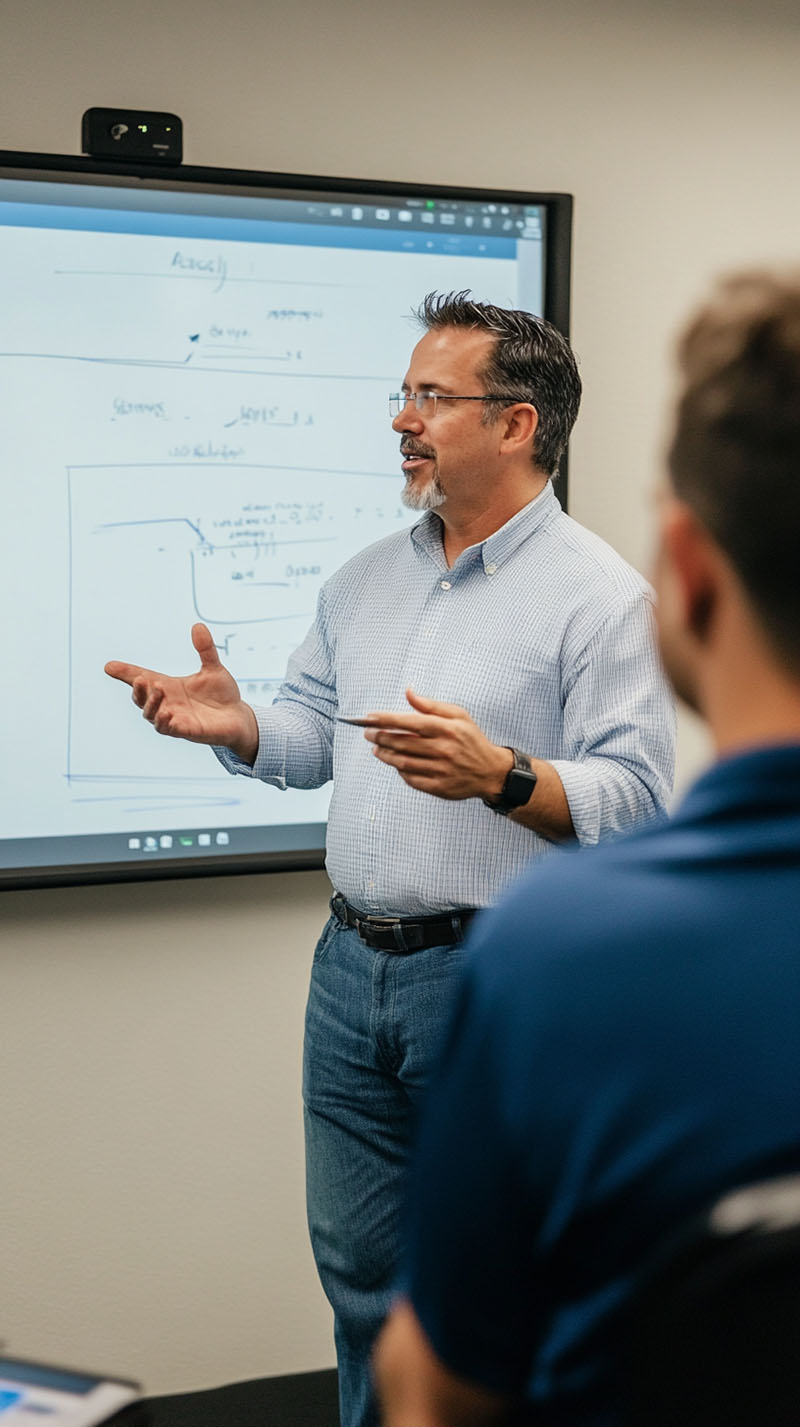 An instructor presenting technical concepts to a group, gesturing near a digital whiteboard in a professional training session.