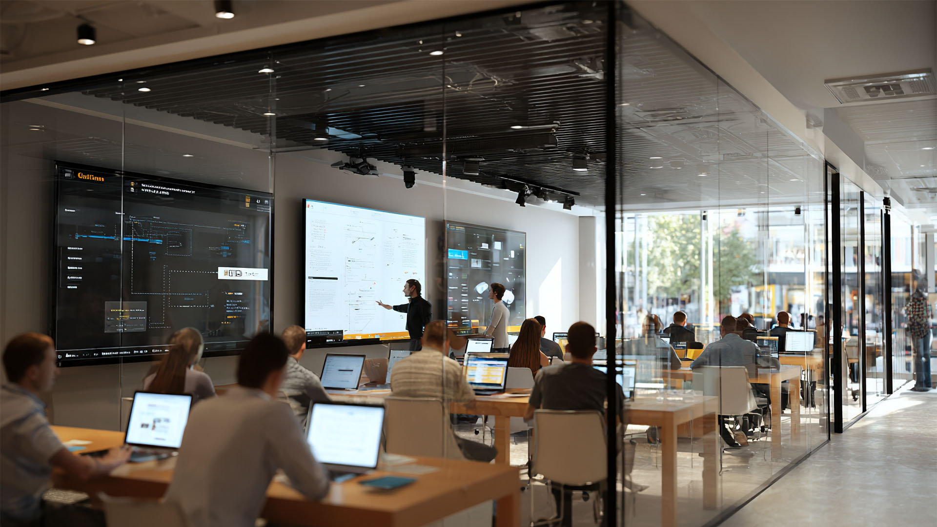 Diverse group of IT professionals and an instructor collaborating in a modern training room, working with mainframe systems on large monitors during a hands-on bootcamp