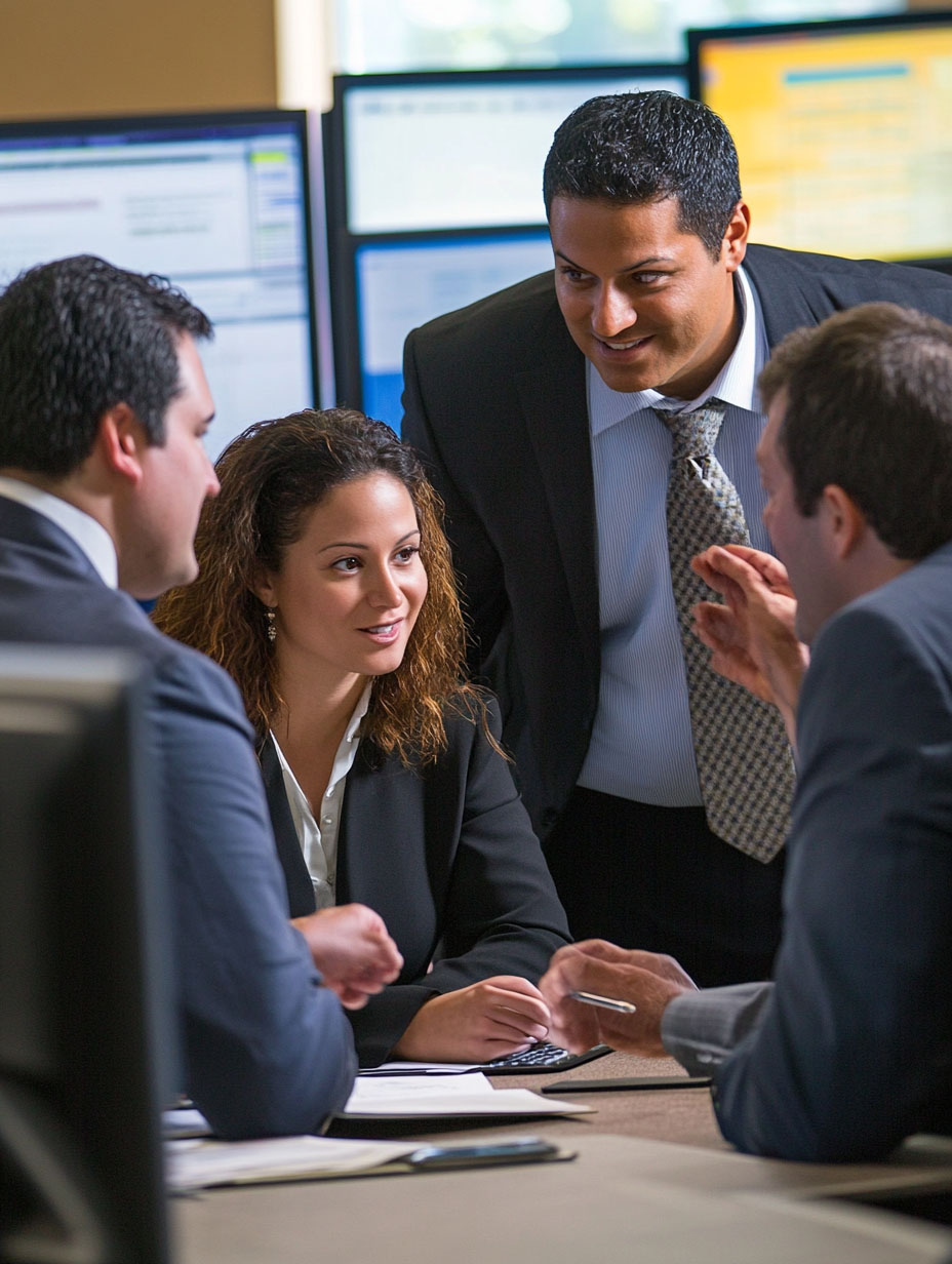 Business team collaborating around a table with computer monitors in the background during a strategy discussion.